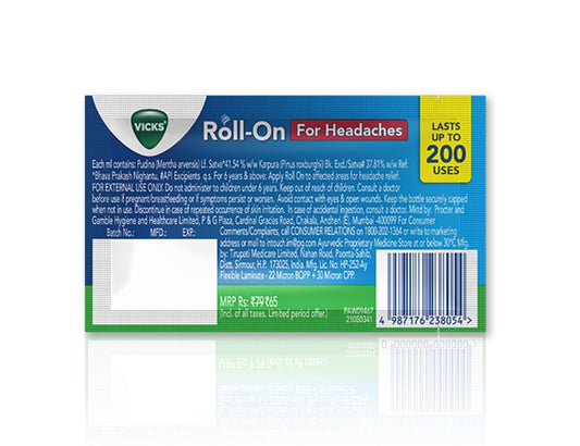 Vicks Headache Relief Roll-On, 2s Pack, Fast Action in 2 Minutes, with Menthol & Camphor