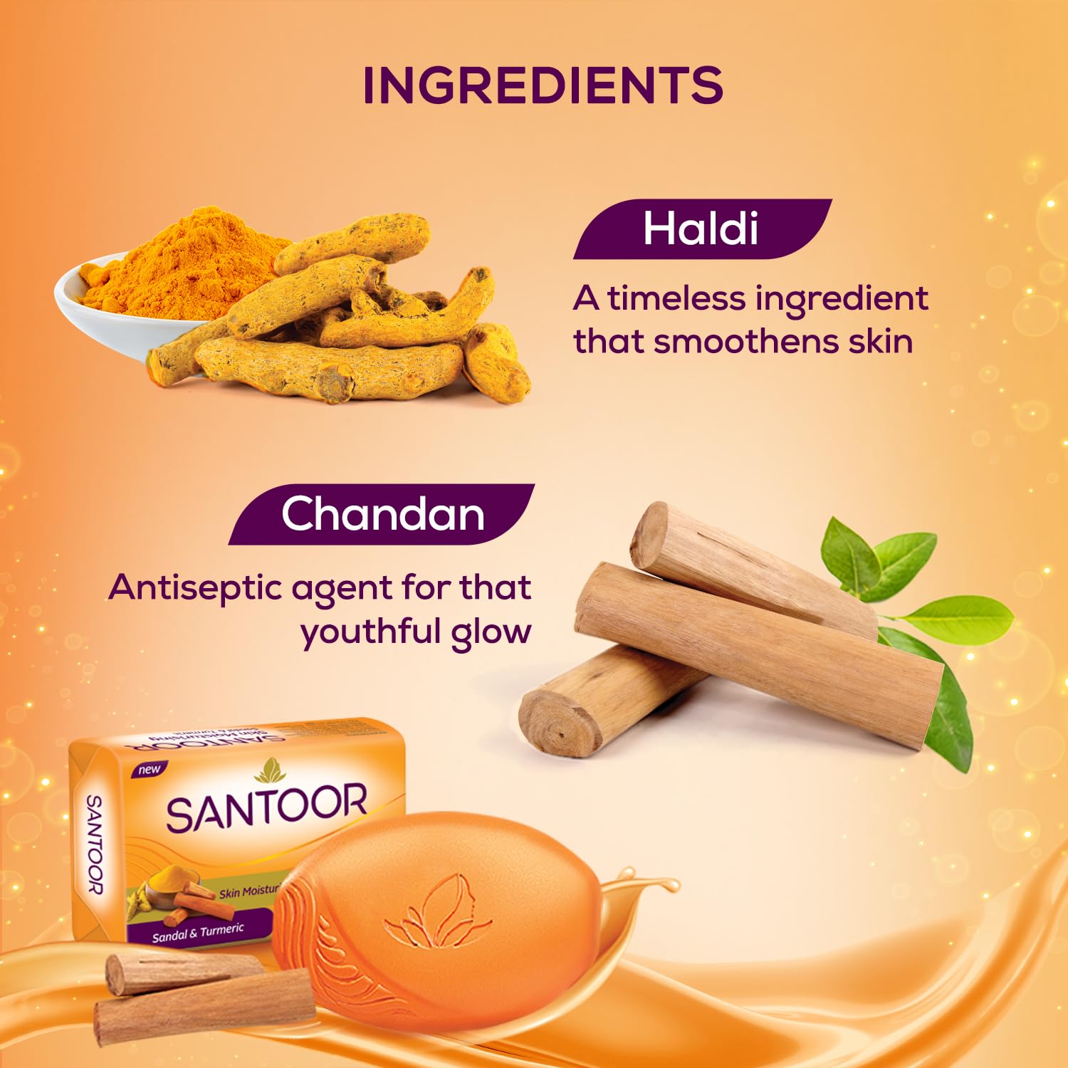 Santoor Sandalwood and Turmeric Bath Soap for Younger Looking and Glowing Skin, Combo Offer, 125 g (Pack of 16)