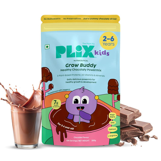 PLIX™ Kids GrowBuddy Chocolaty Powermix | 7g Protein | 20 Vitamins & Minerals | Ragi & Bajra | Supports Overall Health & Development | Healthier Growth & Stronger Bones | Best Protein Powder for Kids | Chocolate Flavour