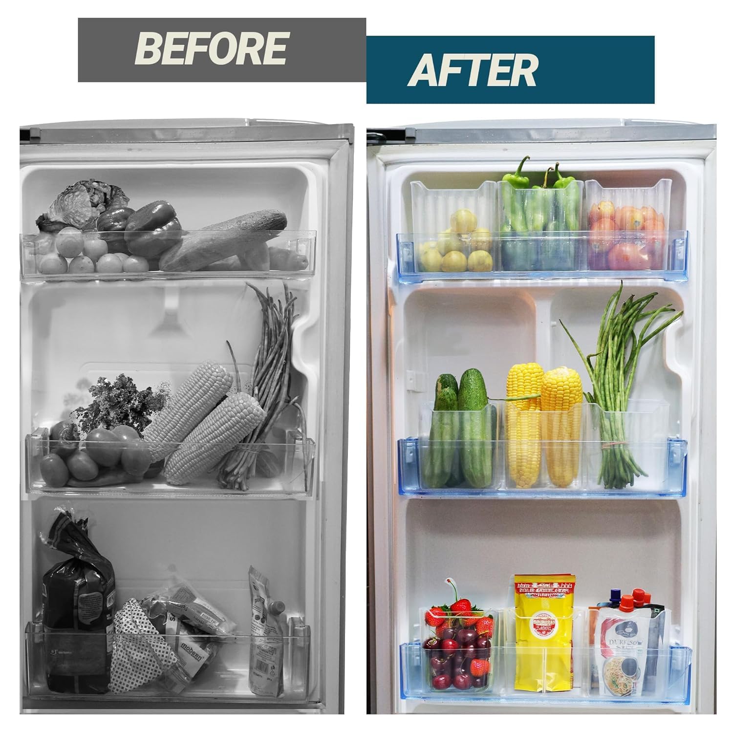 Fridge Door Storage Containers Set of 6 | Vertical Kitchen Organizer Bins for Fruits, Vegetables & Snacks | Deep Space Saving Refrigerator Shelf Boxes | Frosted Clear Plastic