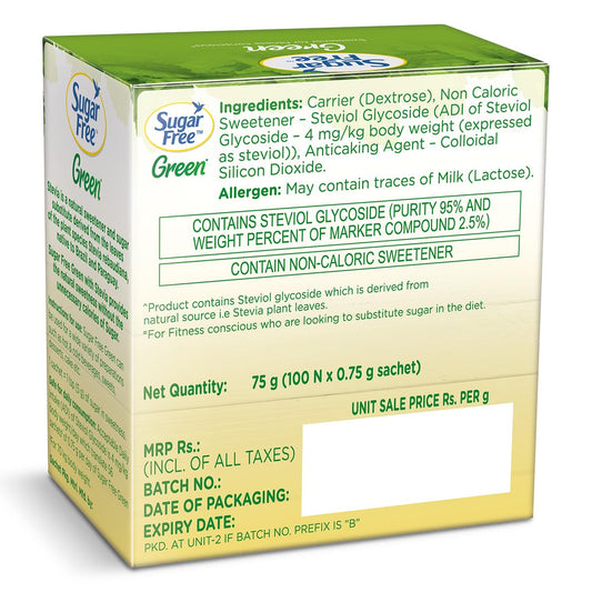 Sugar Free Green Stevia, 100 Sachet |100% Plant-based Natural Sweetener | 100% Natural Meethi Tulsi (Stevia) leaves| Sweet like Sugar but with zero calories