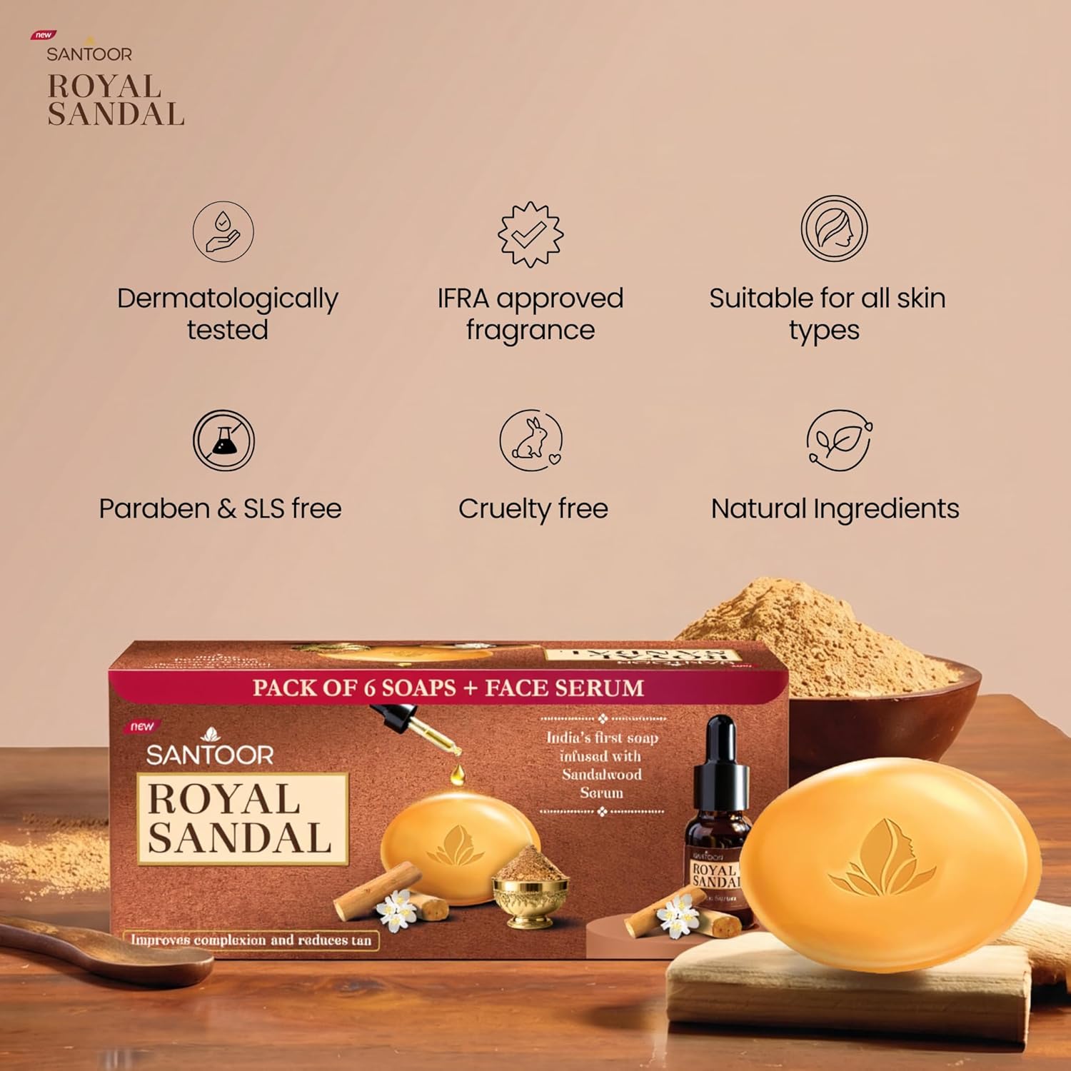 Santoor Royal Sandal Soap & Face Serum | Infused with Sandalwood Serum | Tan Removal | 100% Pure Sandalwood Oil & Powder | Helps Reduce Tan for Even-Toned, Glowing Skin | 125g x 6 Soaps + 15ml Serum