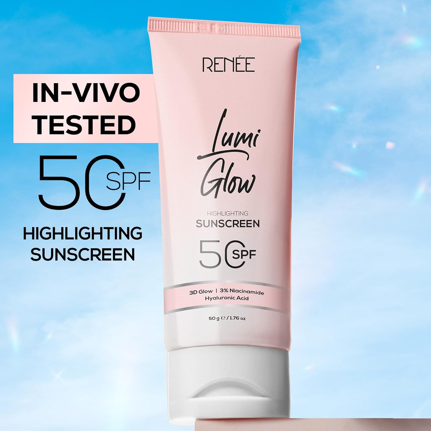 RENEE Lumi Glow Highlighting Sunscreen with SPF 50 | In-Vivo Tested | With Niacinamide & Hyaluronic Acid | Lightweight & Non-Sticky | No White Cast | Protects against UVA-UVB | Radiant Finish | 50g