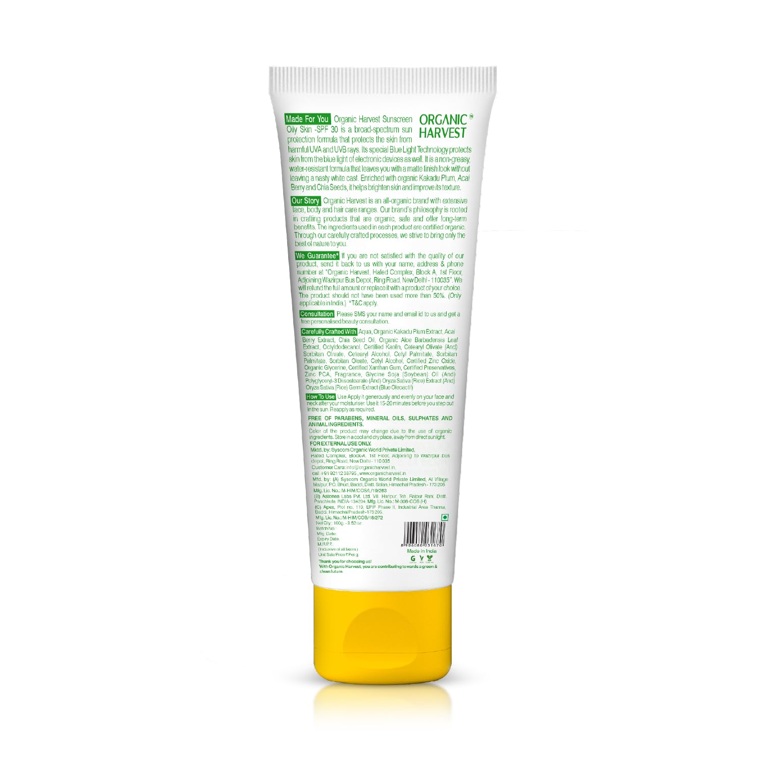 Organic Harvest Sunscreen SPF 30 with Blue Light Technology, Protects From Harmful UVA & UVB Rays, PA+++, Hydrates & Nourishes Skin, For Oily Skin, 100% American Certified Organic, Sulphate & Paraben Free - 100gm