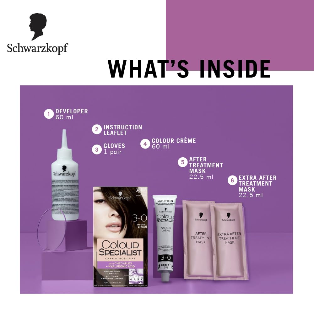 Schwarzkopf Colour Specialist At Home Permanent Hair Colour With Omegaplex Anti-Breakage Technology And Hyaluronic Acid With 2 After Colour Repair Masks For Softer Hair, 3.0 Imperial Brown 165ml