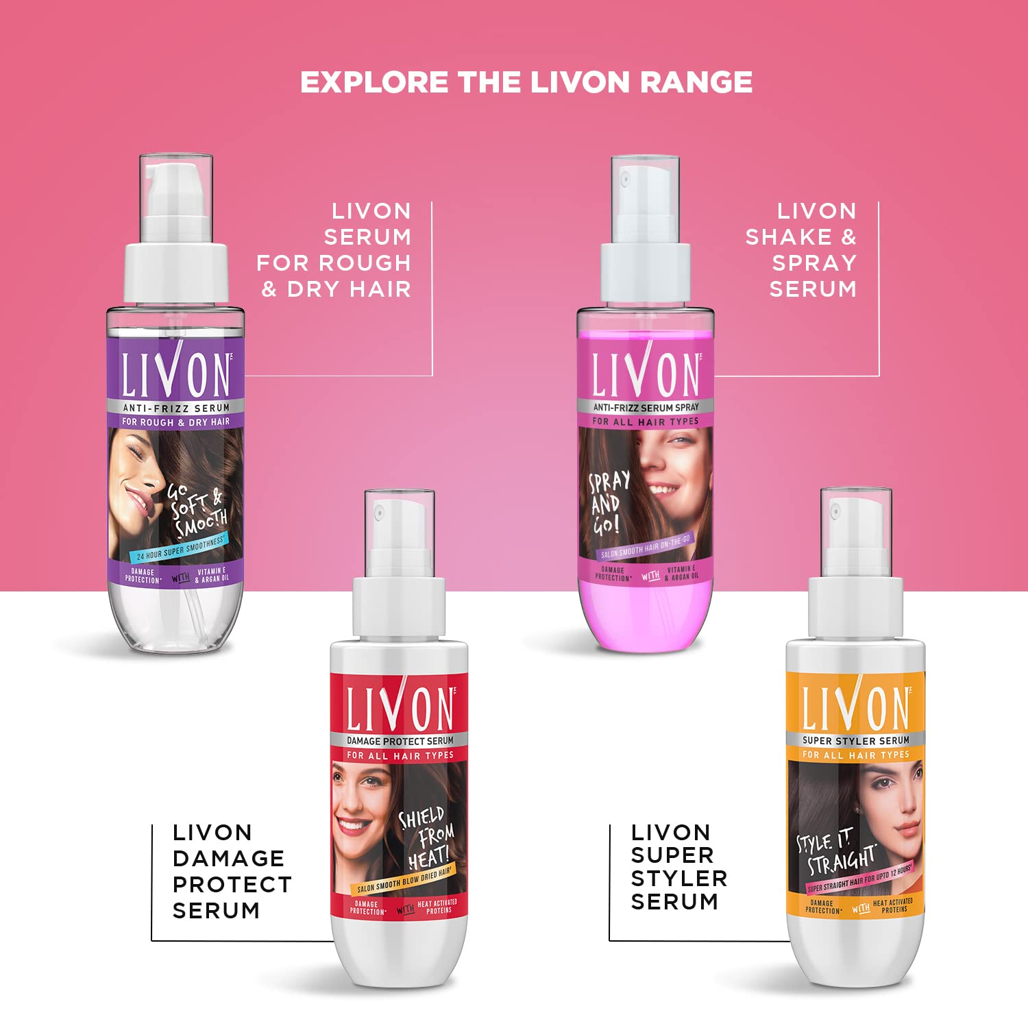 Livon Hair Serum For Women | All Hair Types | Smooth, Frizz-Free & Glossy Hair | With Argan Oil & Vitamin E | 100 Ml (Pack Of 4)