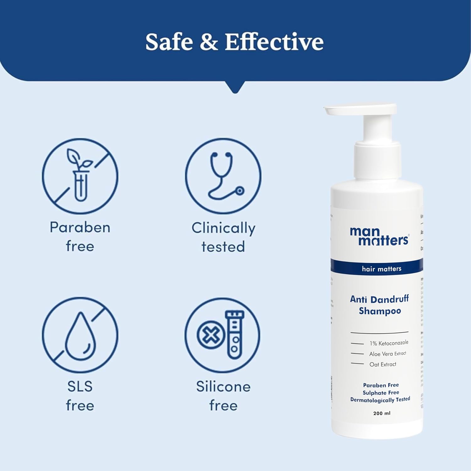 Man Matters Anti Dandruff Shampoo | Ketoconazole, Aloe Vera & Oat Extract | Fights Dandruff & Reduces Flaking (Visible Results) | Sulphate & Paraben Free | 200ml