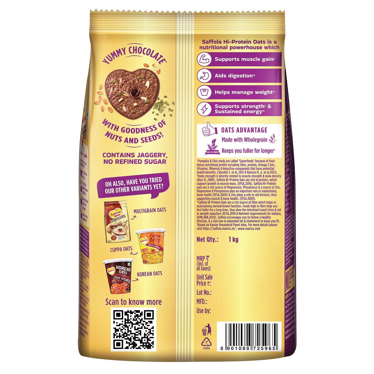 Saffola 25g High Protein Oats | 14g High Fibre | 1kg | Chocolate flavour | No Refined Sugar |