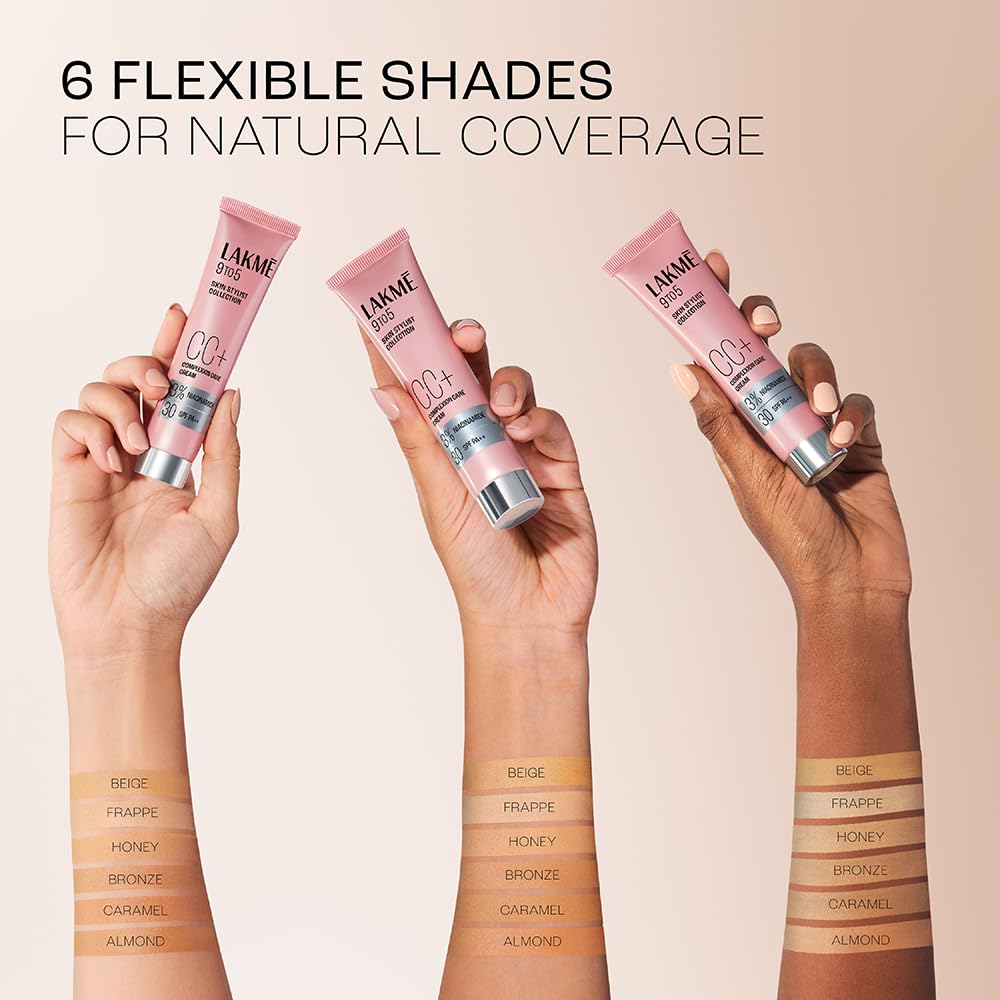 Lakme 9 to 5 CC Cream Beige with 3% Niacinamide Complex SPF30 PA++ | 90% lightweight moisturizing cream for Care & 10% Foundation for Care |Conceals Dark Spots| Brightens Skin |30 g