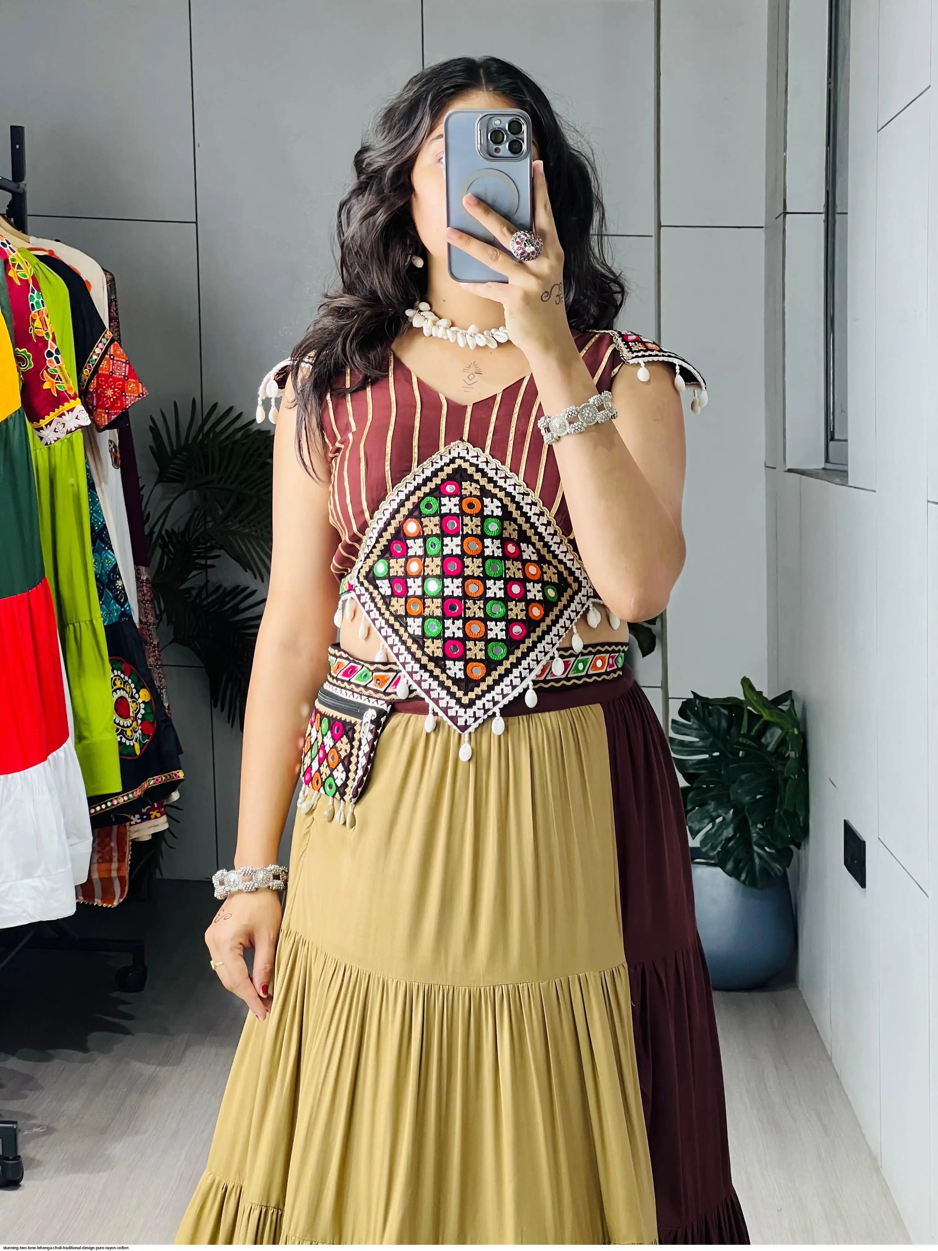 STUNNING TWO TONE LEHENGA CHOLI TRADITIONAL DESIGN PURE RAYON COTTON SIZE 40