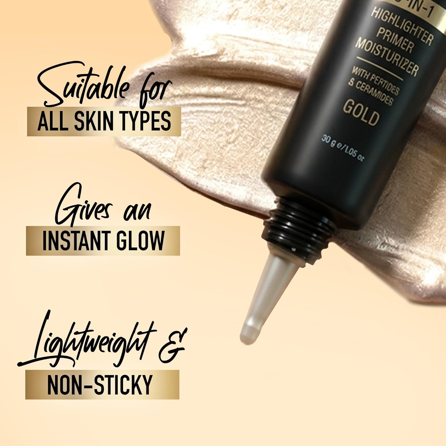 RENEE Yours Truly Strobe Cream for Face | 3 in 1 Highlighter Primer Moisturiser | Glow Cream, Lightweight, Non Sticky | Hydrating Dewy Skin Finish With Peptides | For All Skin Types | Gold - 30g