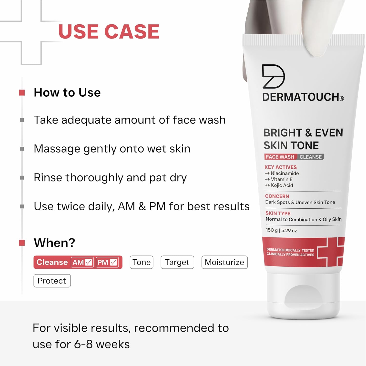 DERMATOUCH Bright & Even Tone Face Wash with Niacinamide, Vitamin E and Kojic Acid | For Tan, Pigmentation Dark Spots & Uneven Skin Tone | Oil Control | Dermatologist Tested | For Men & Women | 150g