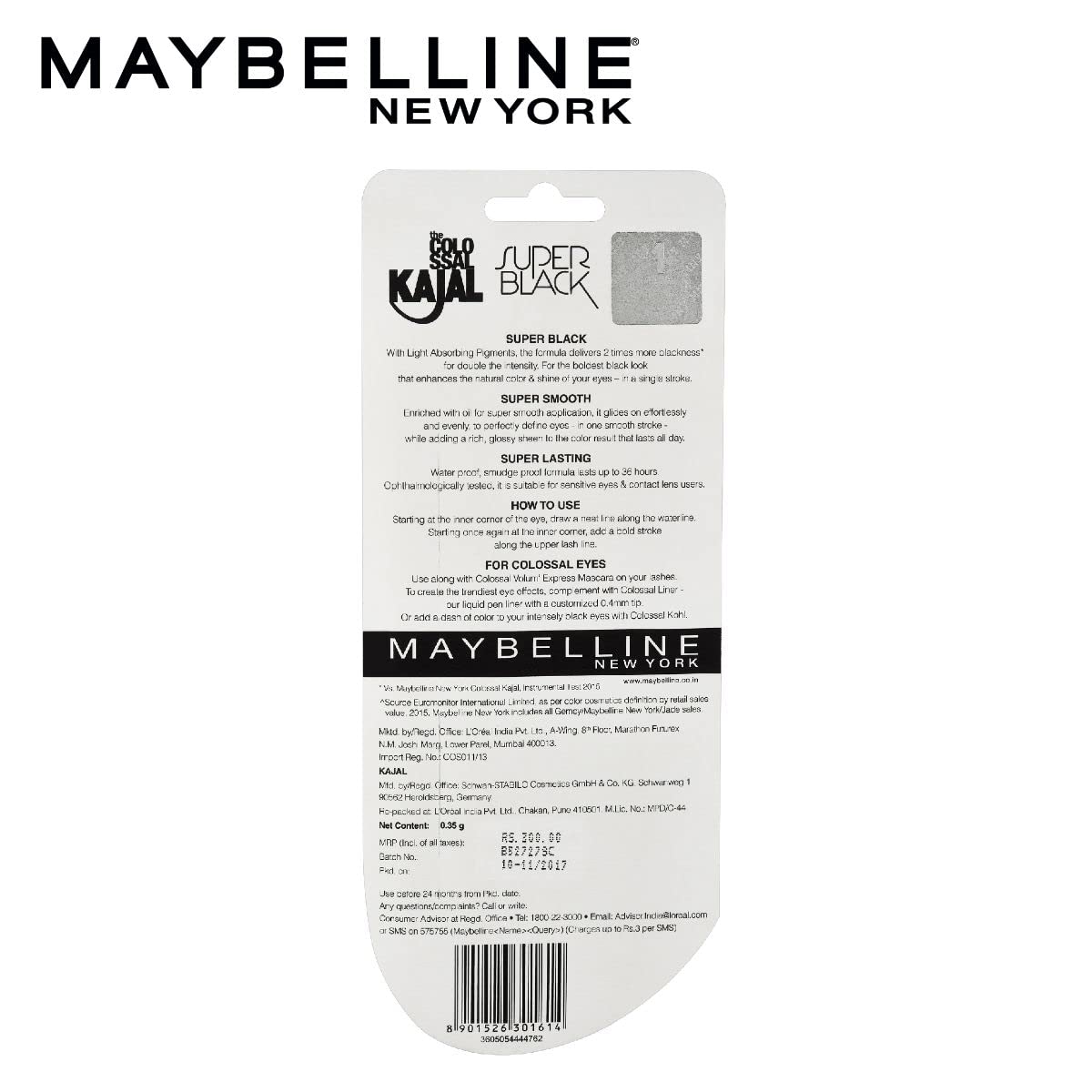Maybelline New York Matte Kajal Cream, Super Black, Intense Colour, Sharp Definition, Long-Lasting, Colossal Kajal, 0.35G