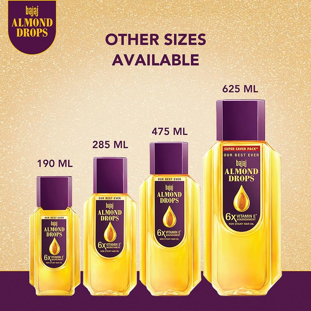 Bajaj Almond Drops Hair Oil, 190ml | 6X Vitamin E Nourishment | Light and Non-Sticky Hair Oil For Hair Fall Control