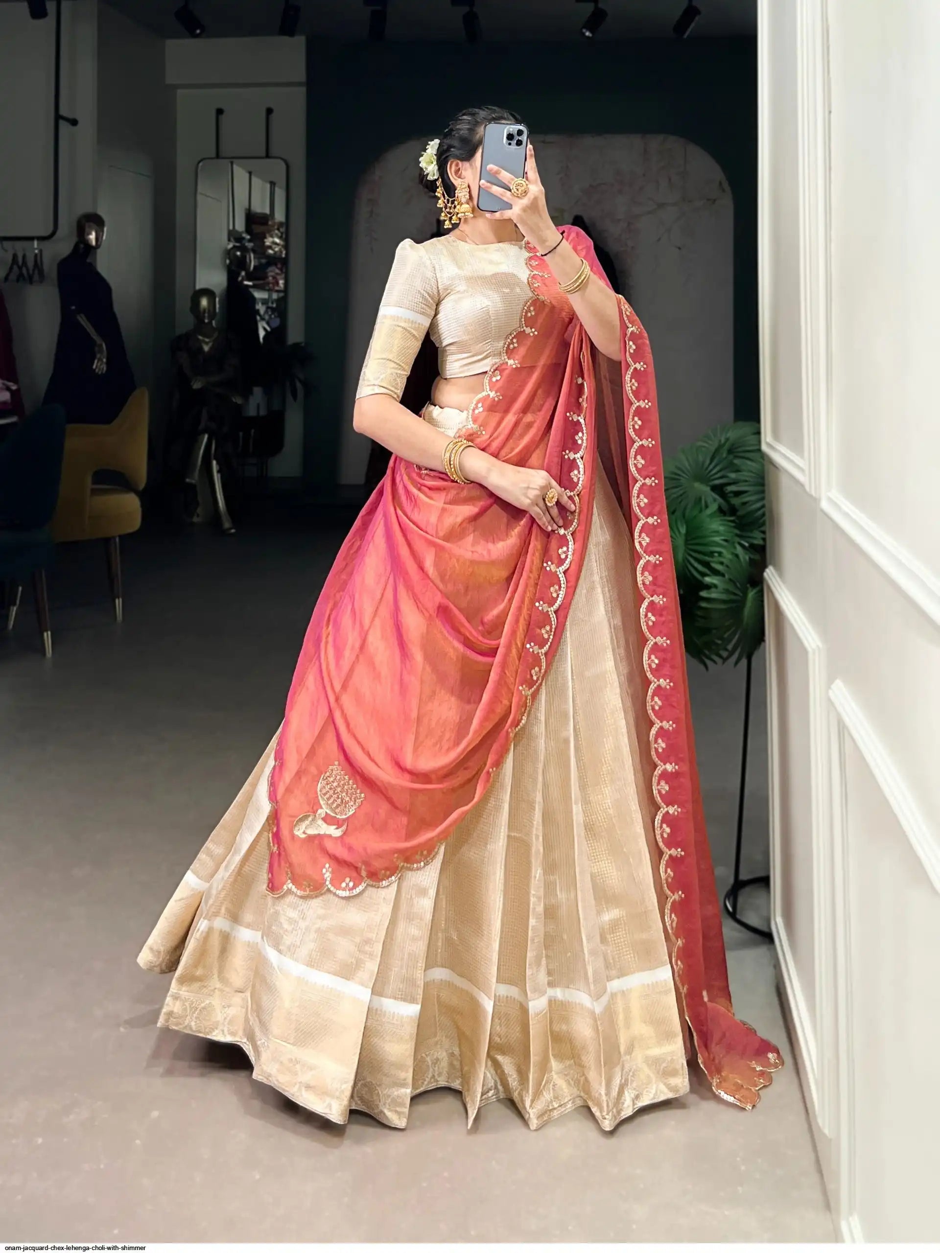 ONAM JACQUARD CHEX LEHENGA CHOLI WITH SHIMMER