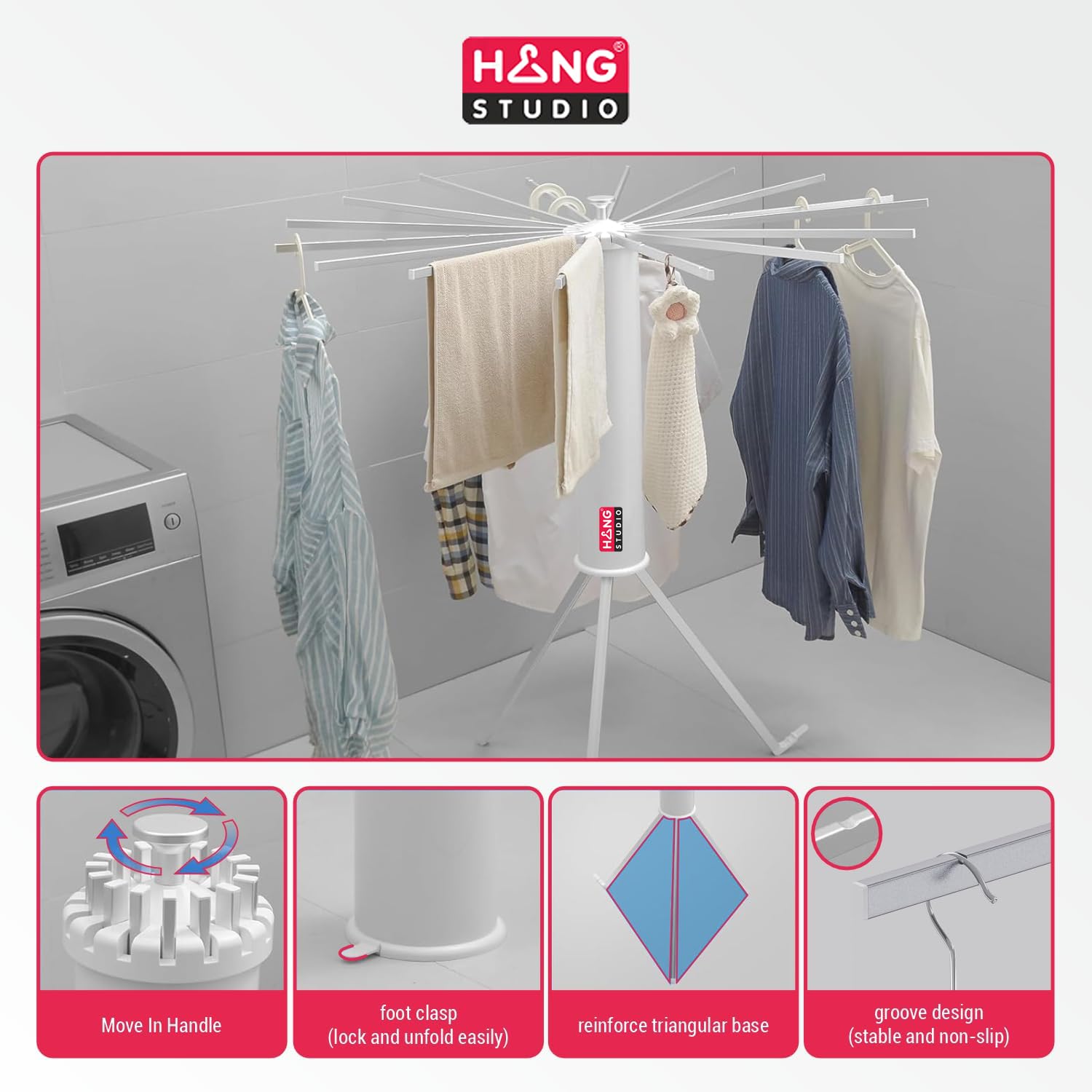HANG STUDIO Foldable Clothes Dryer Stand Racks for Drying - Multi Way Folding & Rotatable - Lightweight Heavy Duty Aluminium Rails - (White, 3.9 Feet Length, 16 Rods, Large)