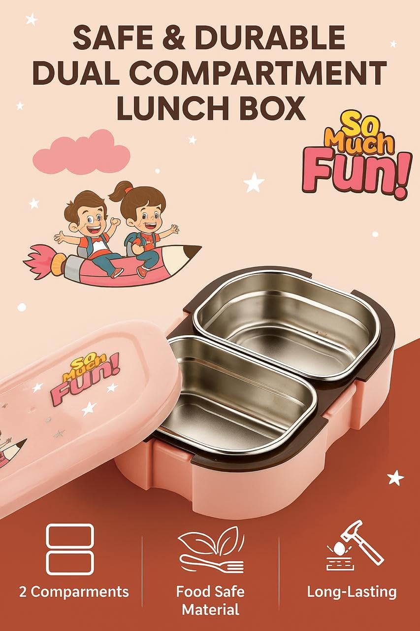 Stainless Steel Tiffin Lunch Box with 4 Side Clip Lock Lid, 2 Compartment Leakproof Food Grade Steel Container for Office, Kids School and Travel (Pink)