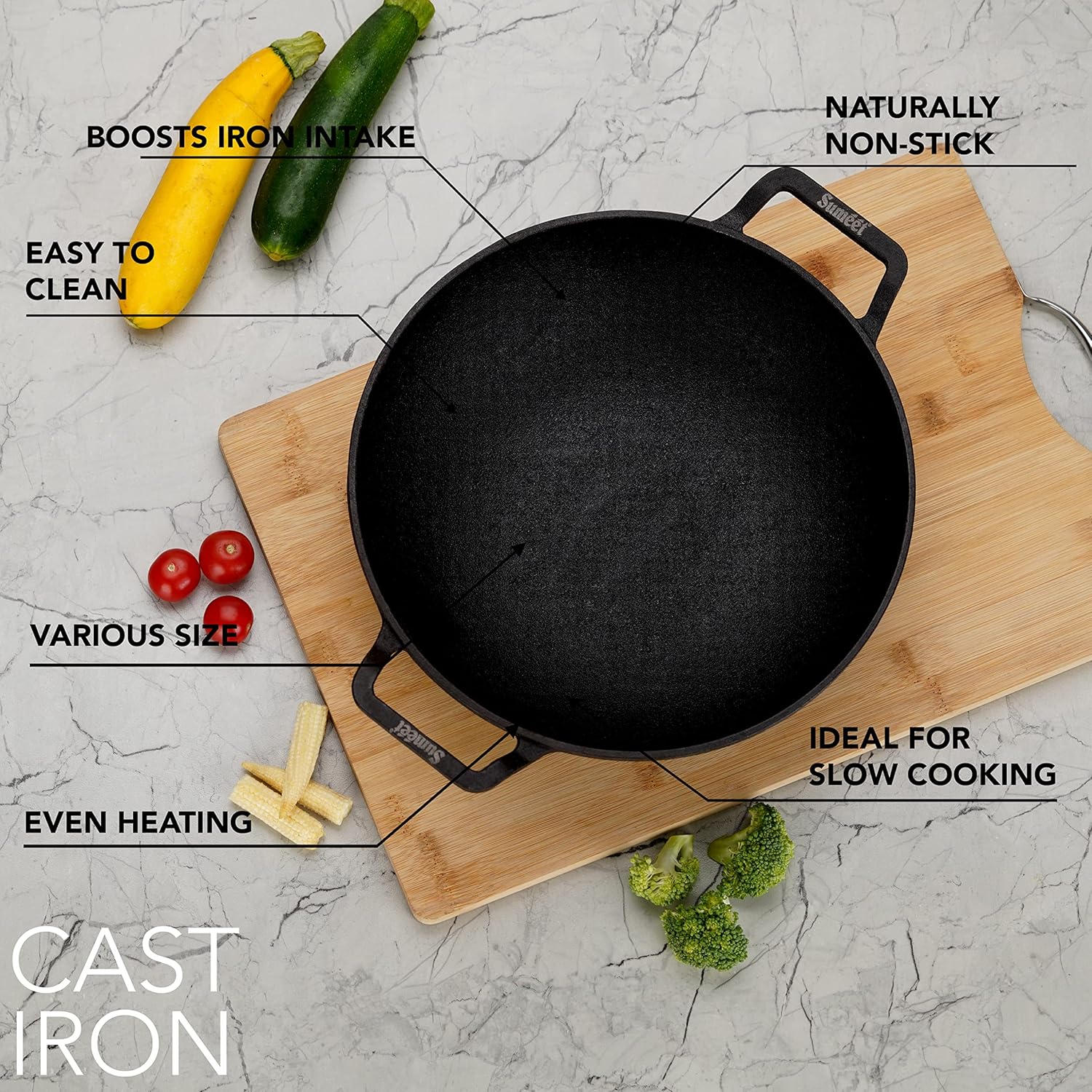 Sumeet Pre Seasoned Heavy Weight Cast Iron Deep Kadai, Induction Friendly, 23cm, 2000ml, Weight - 2Kg, Black
