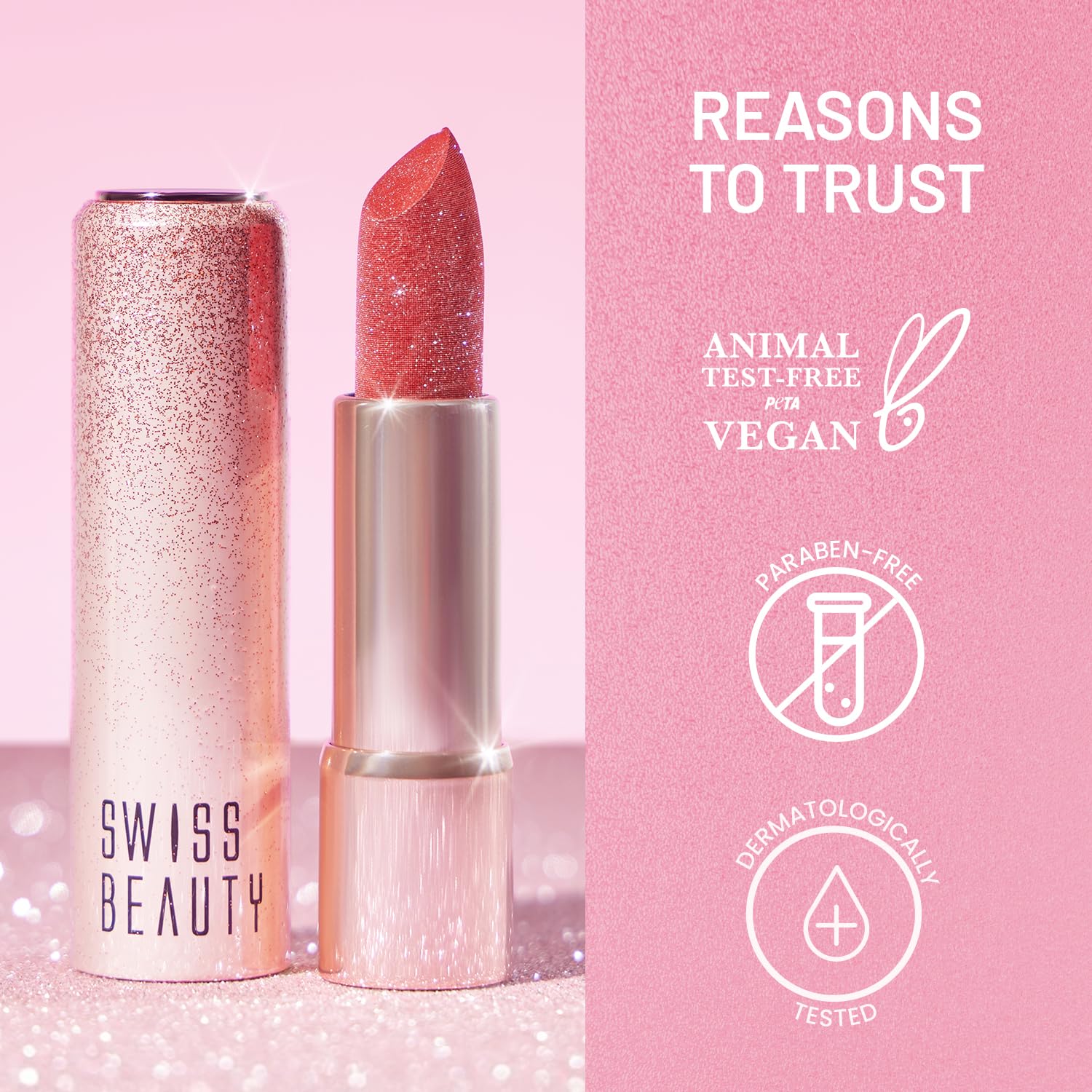 Swiss Beauty More Than Glitter Lipstick | Glittery Finish | Nourishing | With Vitamin C | One Swipe Smooth Glide | Shade- 2 Glitz Pink, 3gm
