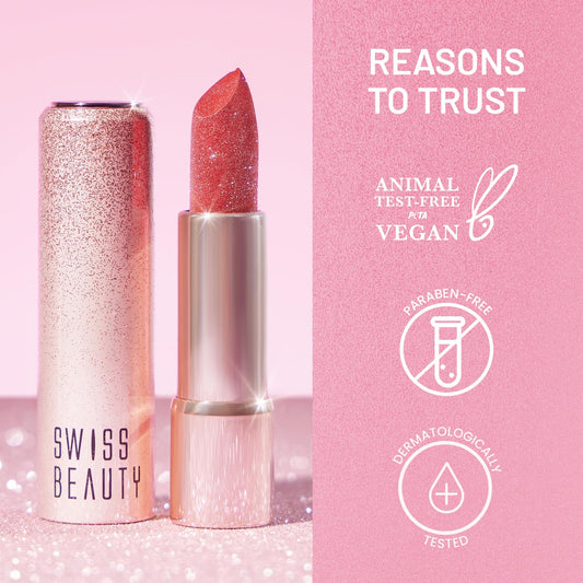Swiss Beauty More Than Glitter Lipstick | Glittery Finish | Nourishing | With Vitamin C | One Swipe Smooth Glide | Shade- 2 Glitz Pink, 3gm