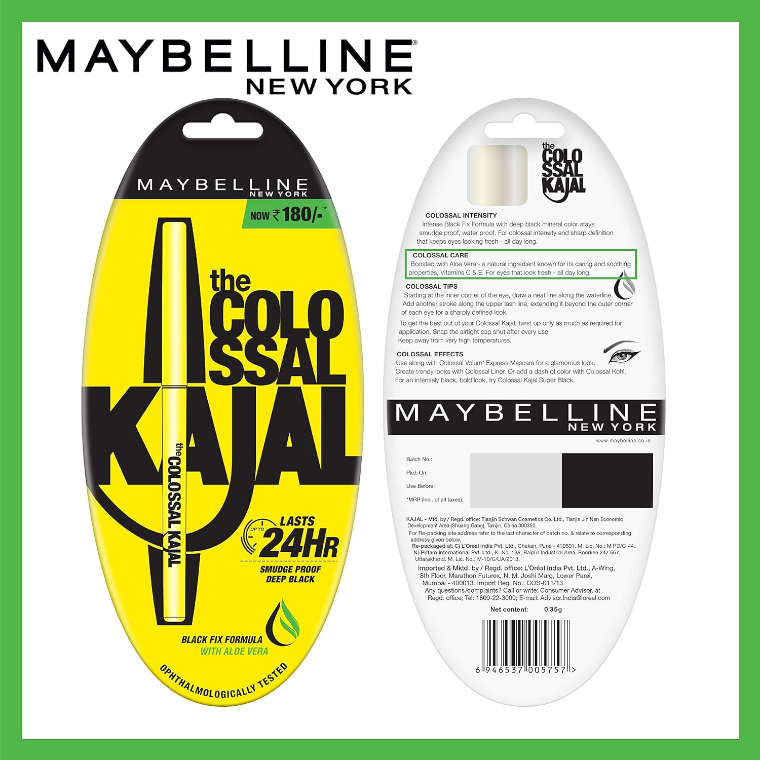 Maybelline New York Colossal Kajal, Intense Colour, Waterproof, Long lasting 24Hrs Stay, Black, 0.35g (Pack of 2)