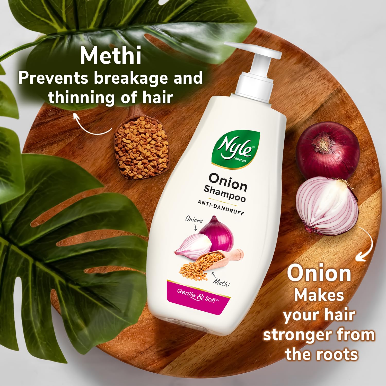 Nyle Naturals Onion and Methi Anti-Dandruff Shampoo | Stronger Roots & Reduces Hair Breakage | Gentle & Soft Formula | Controls Thinning, Nourishes Scalp – 1000 ml