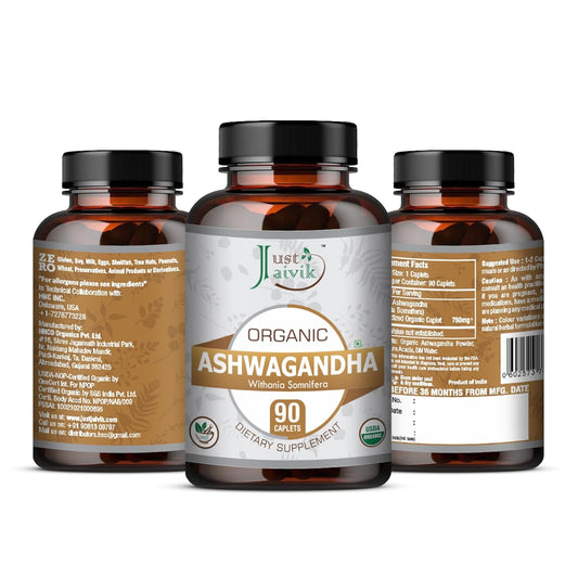 Just Jaivik Organic Ashwagandha| For General Wellness | Rejuvenates Mind and Body (750mg - 90 Tablets)