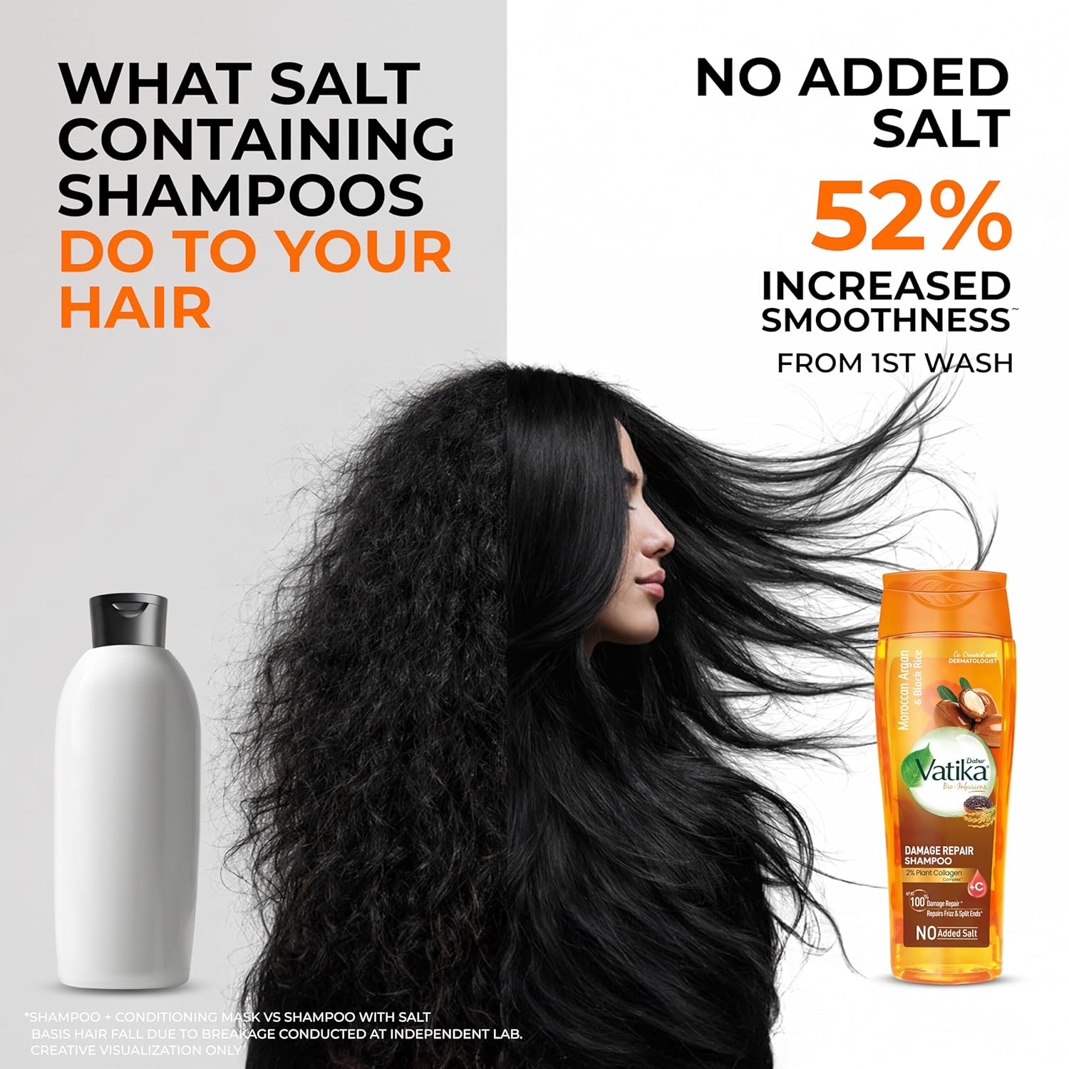 Dabur Vatika Bio-Infusions Damage Repair Shampoo | Moroccan Argan & Black Rice | 2% Plant Collagen + Vitamin C | 100% Damage Repair | Repairs Frizz & Split Ends | No Added Salt | For Dry & Damaged Hair