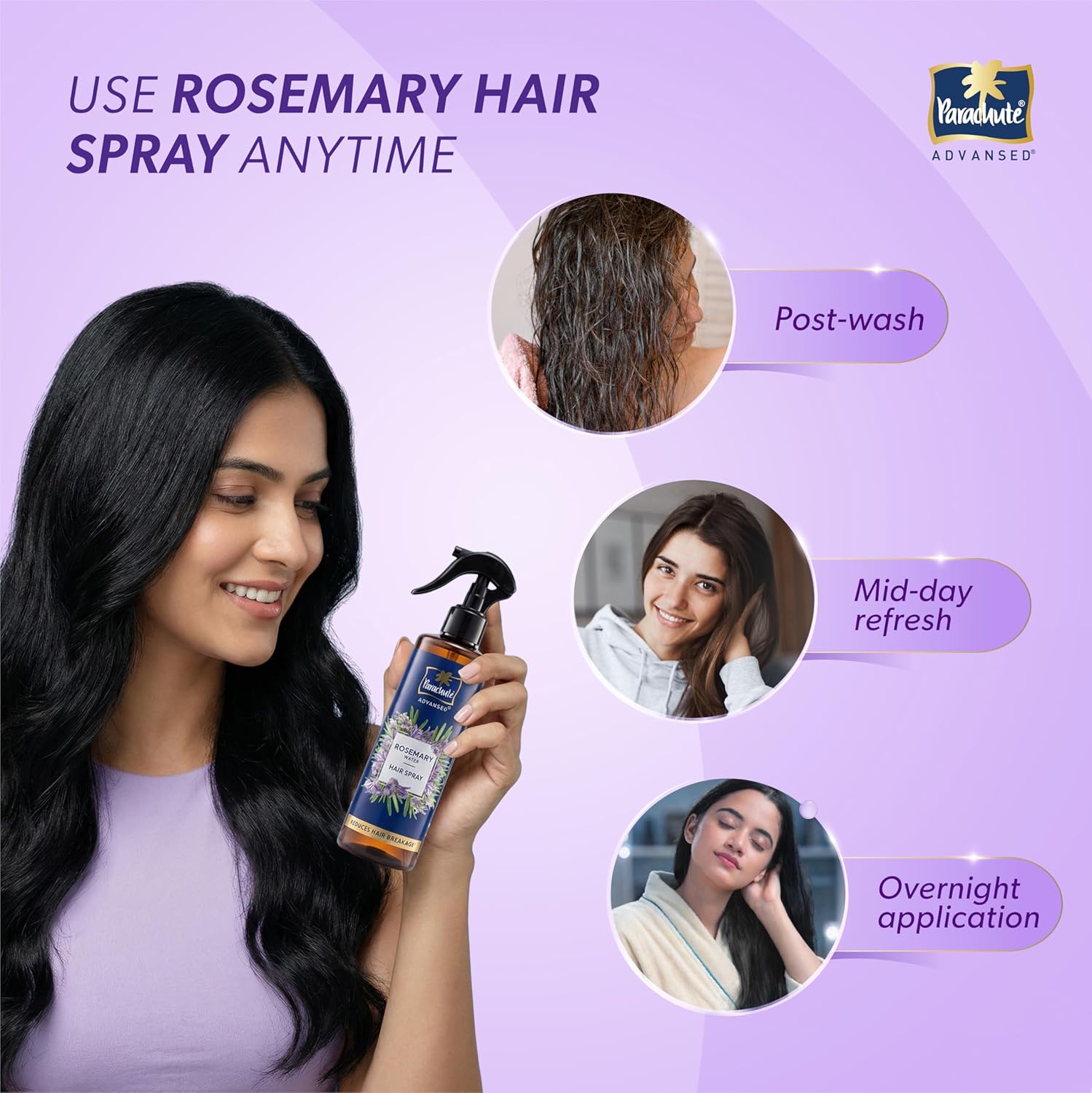 Parachute Advansed Rosemary Water Hair Spray | 100ml | Reduces Hair Breakage* | Non‑Sticky Formula | Natural Shine | Scalp‑Soothing