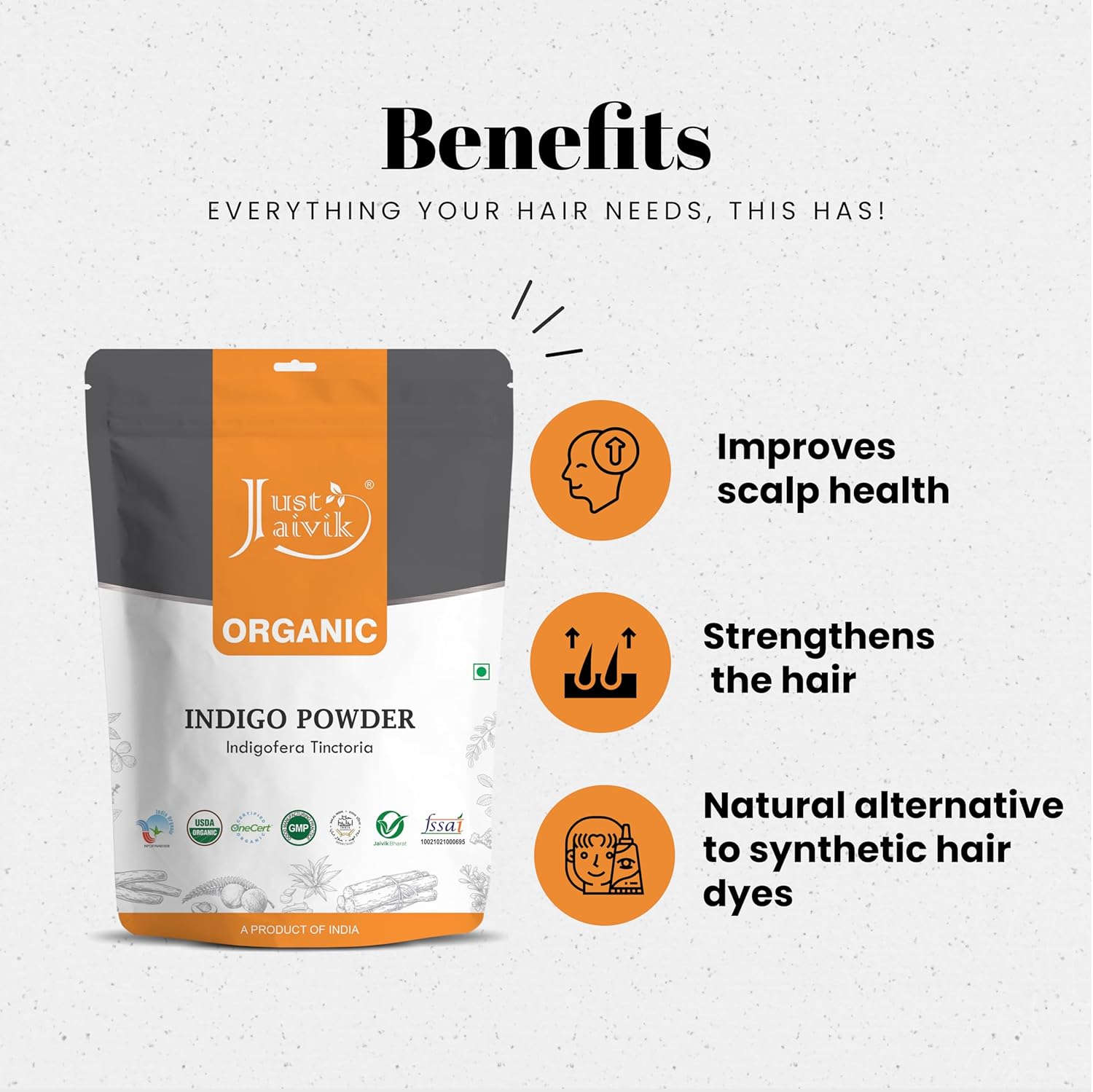 Just Jaivik Indigo Powder - Natural Hair Color | Chemical-Free Alternative to Synthetic Dyes, 227 g