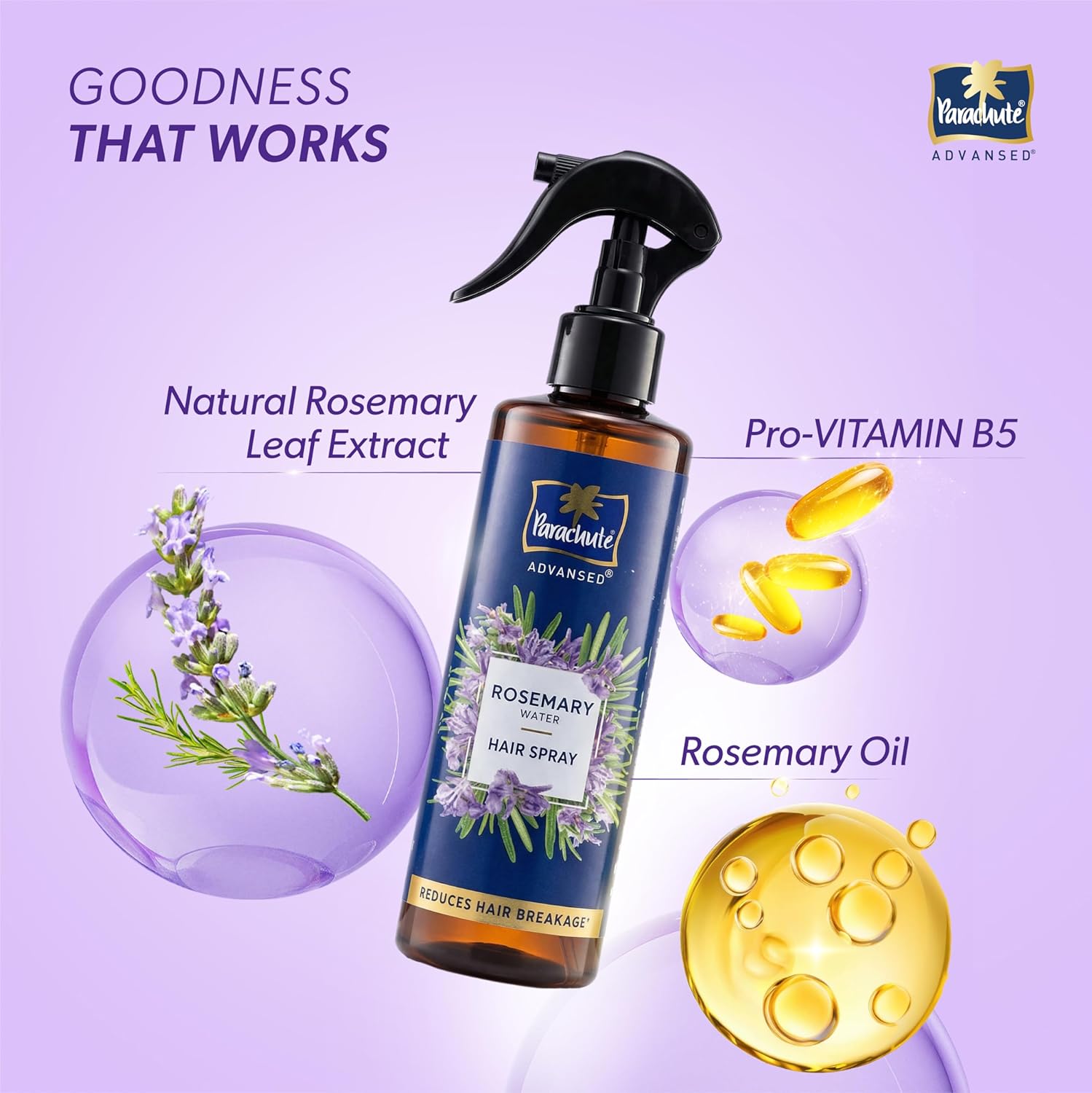 Parachute Advansed Rosemary Water Hair Spray | 100ml | Reduces Hair Breakage* | Non‑Sticky Formula | Natural Shine | Scalp‑Soothing