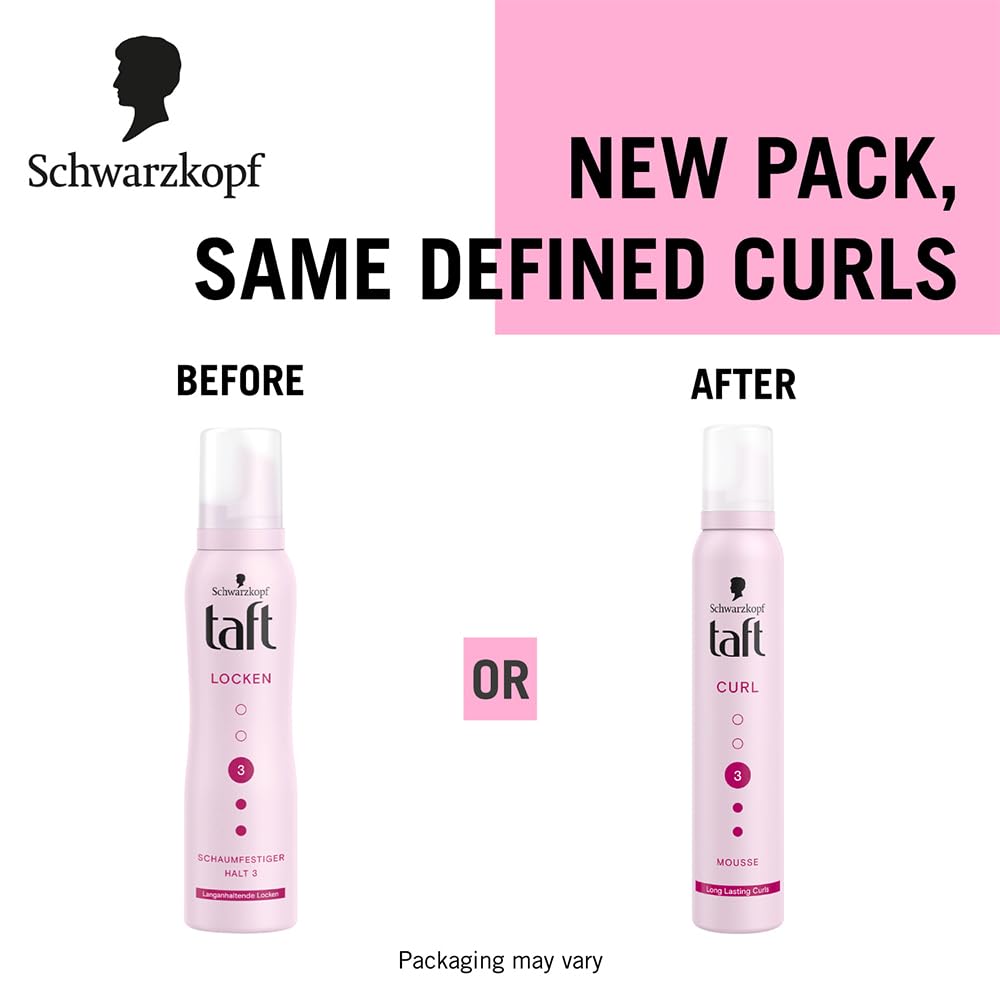 TAFT Schwarzkopf Curl Hold 3 Hair Mousse, For Long Lasting Curls, Weather-Proof Formula With No Stickiness, Heat Protection And Shine, Silicone Free, Lightweight Styler To Controls Frizz, 200Ml