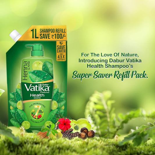 Dabur Vatika Health Shampoo - 1 L (Refill Pouch) | With 7 Natural Ingredients | For Smooth, Shiny & Nourished Hair | Repairs Hair Damage, Controls Frizz | For All Hair Types | Goodness of Henna & Amla