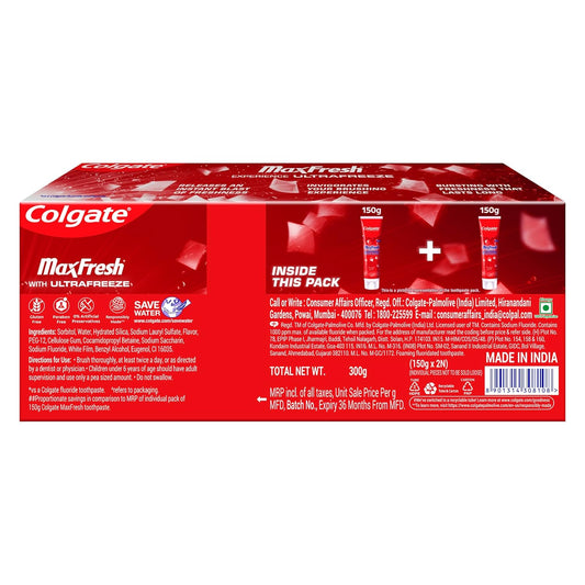 Colgate Max Fresh Toothpaste, Red Gel Paste with Menthol For Tooth Decay Prevention, Cavity Protection, Gum Protection, Whitening, Eliminates Bad Breath (300g, 150g X 2, Spicy Fresh, Saver Pack)