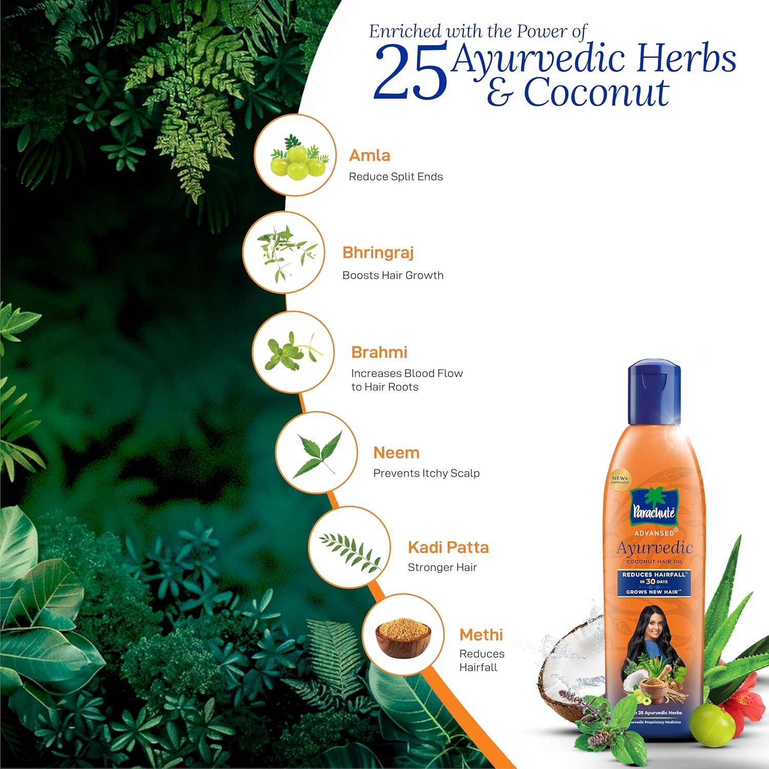 Parachute Advansed Ayurvedic Coconut Hair Oil | for Hair Fall Control & Hair Growth | with Coconut & 25 Ayurvedic Herbs Like Amla, Neem, Bhringraj, Brahmi, Methi Etc | Clinically Proven | 300Ml