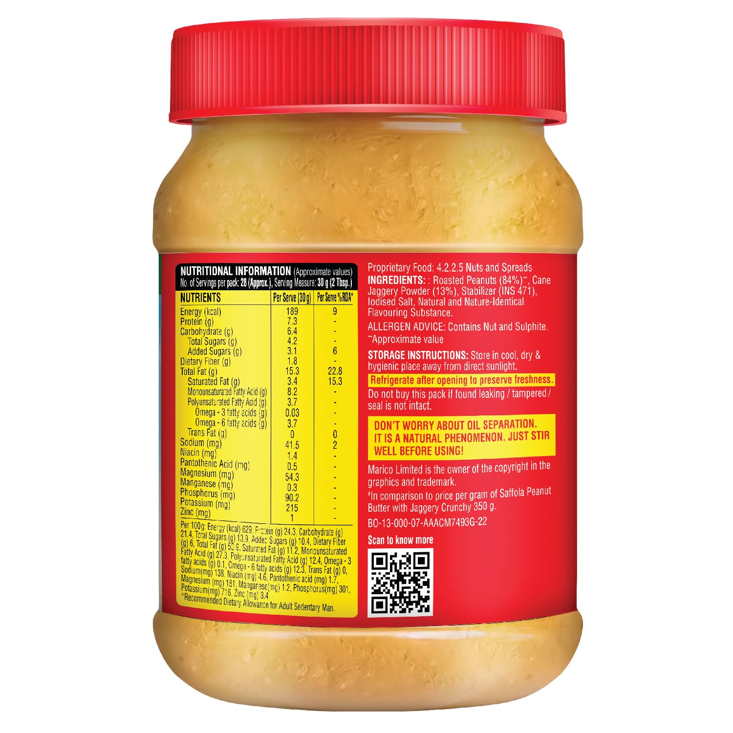 Saffola Peanut Butter with Jaggery, Crunchy 850 gm | High Protein Peanut Butter | No Refined Sugar