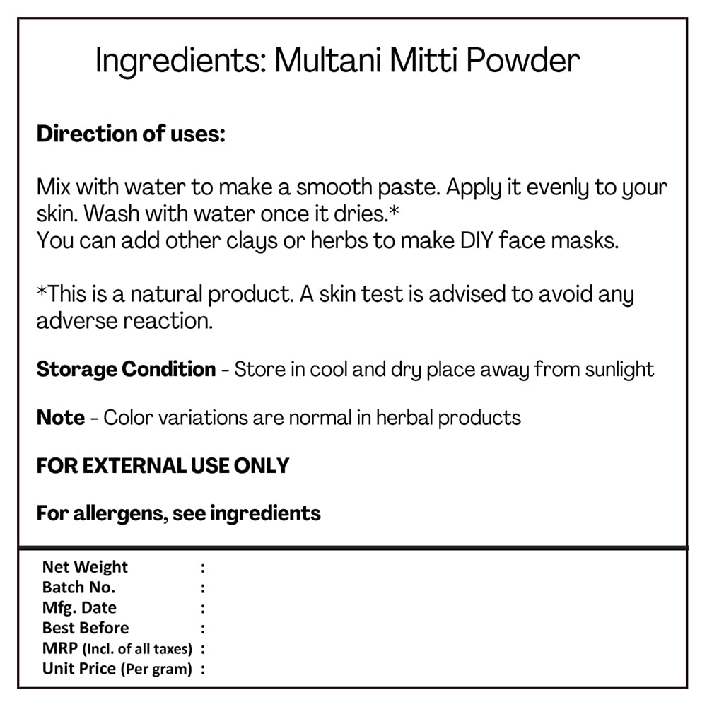 H&C Herbal Ingredients Expert Natural Multani Mitti Powder (Bentonite Clay) – For Face Pack 227g