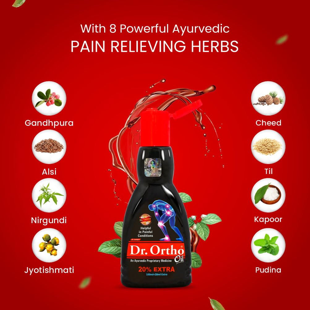 Dr Ortho Pain Relief Ayurvedic Medicine Oil – 100ml+20ml Extra For joint pain such as knee pain, back pain, elbow pain, neck pain
