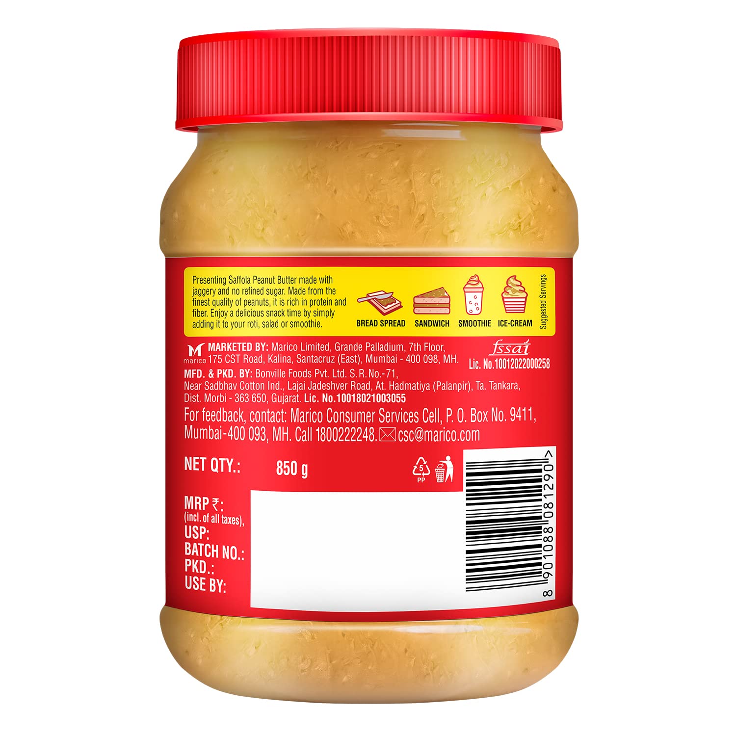 Saffola Peanut Butter with Jaggery, Crunchy 850 gm | High Protein Peanut Butter | No Refined Sugar