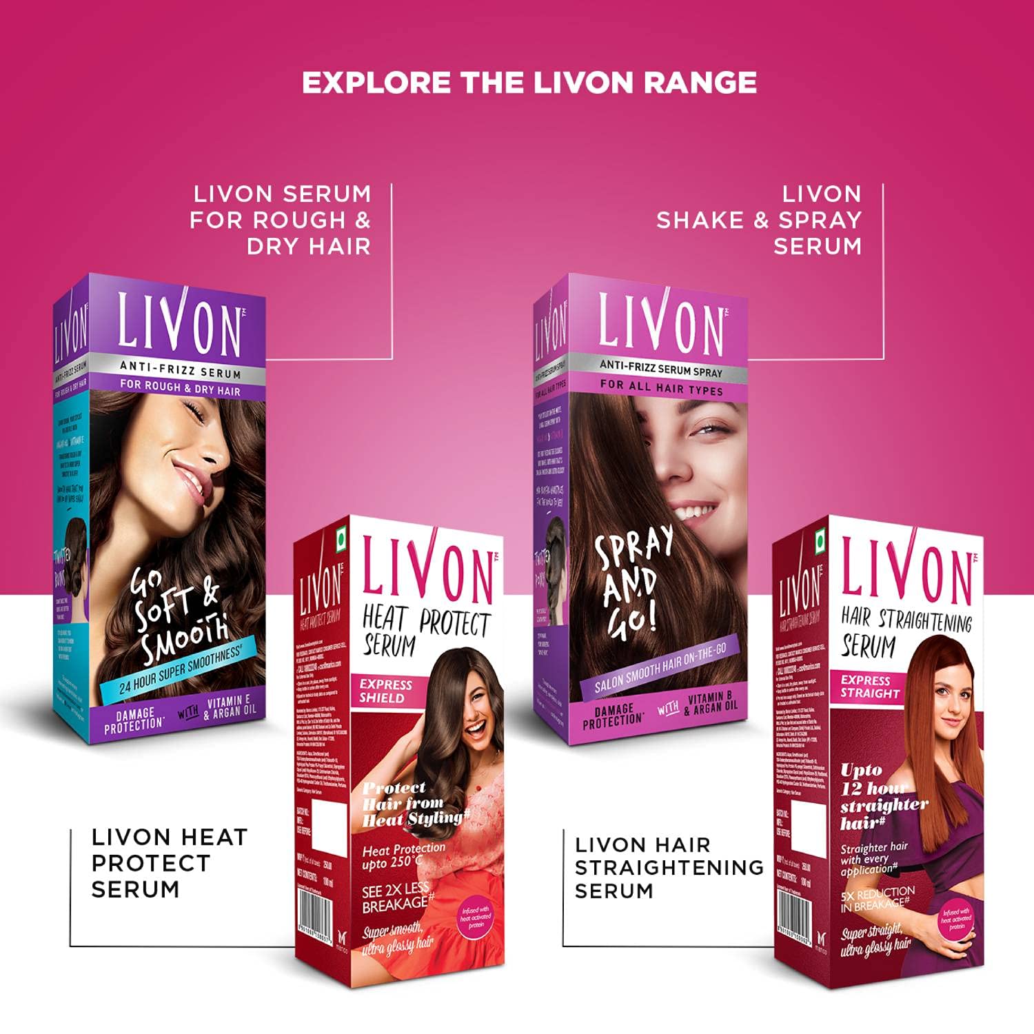 Livon Hair Serum For Women | All Hair Types | Smooth, Frizz-Free & Glossy Hair | With Argan Oil & Vitamin E | 100 Ml (Pack Of 4)