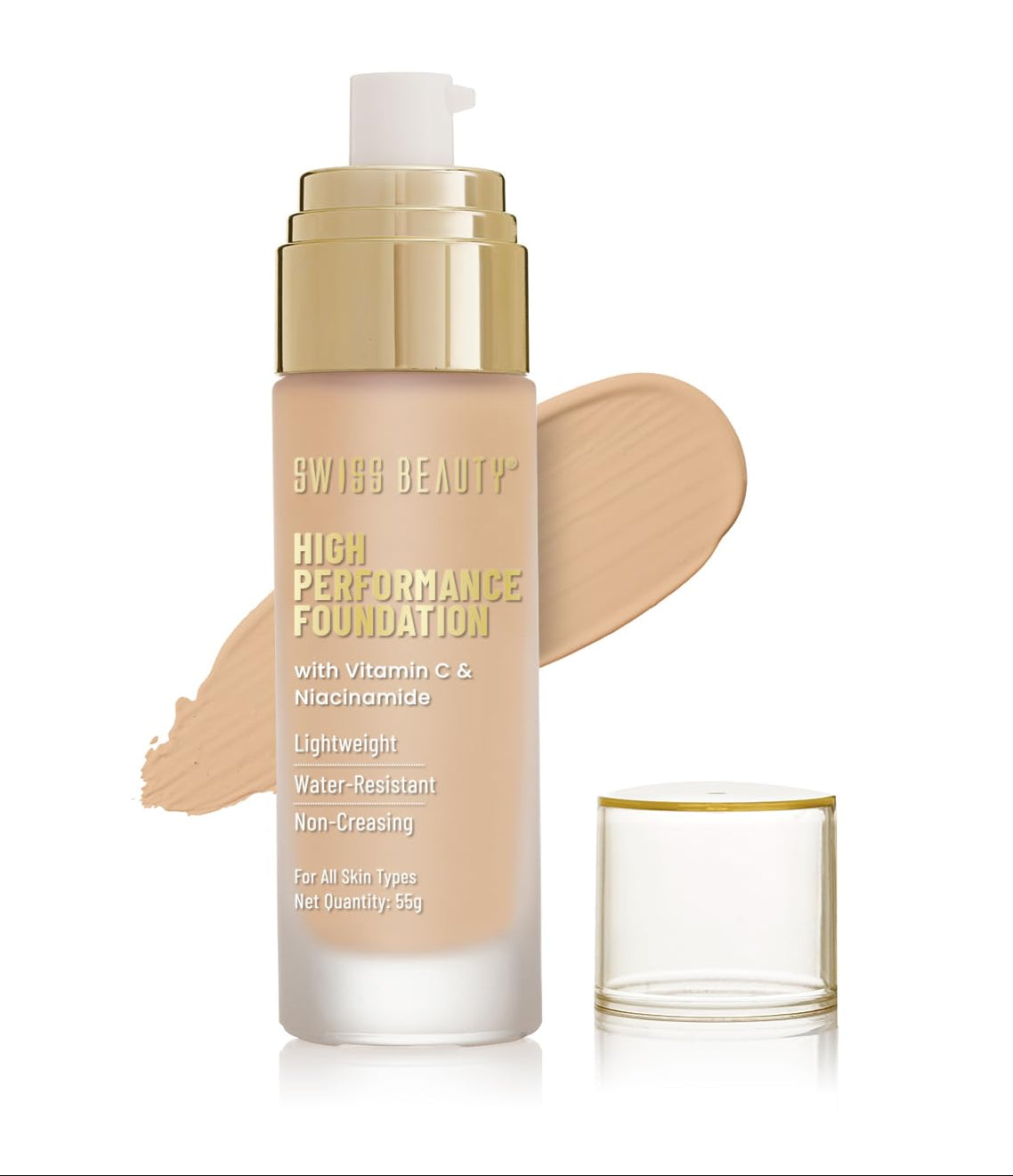 Swiss Beauty High Performance Foundation | Water-Resistant | Medium To Buildable Coverage Liquid Dewy Finish | Lightweight | Easy To Blend | With Vitamin C & Niacinamide | 04 Natural Nude, 55G