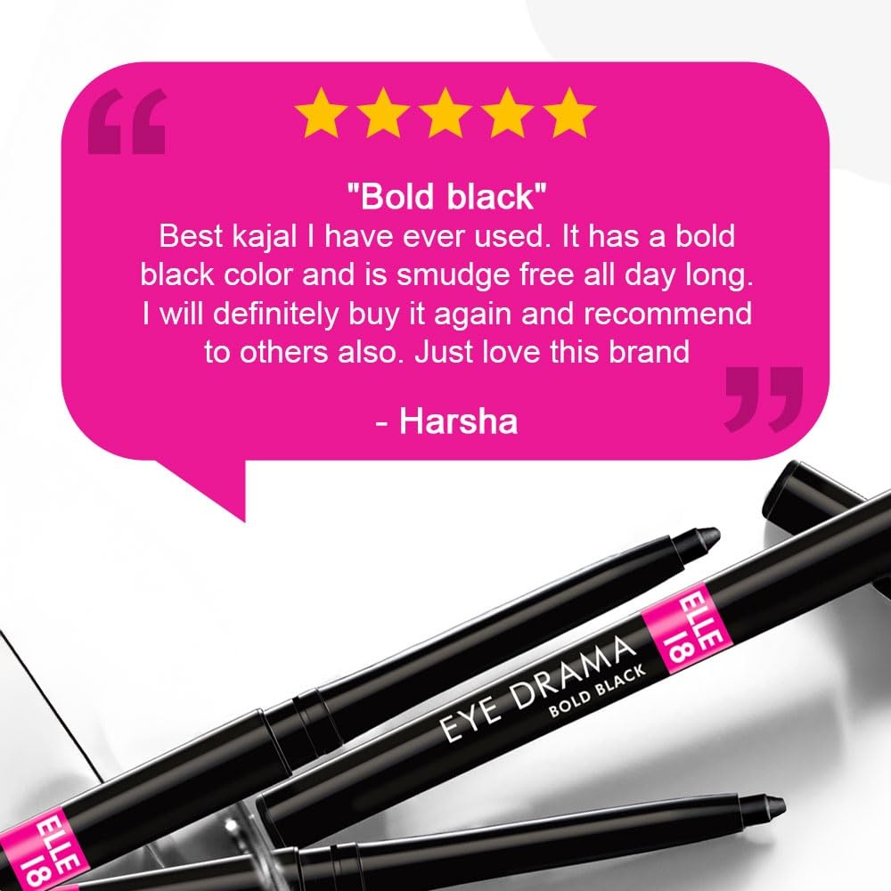 Elle 18 Eye Drama Kajal|| Super Black- Smudge-Proof|| Waterproof|| 0.35 g