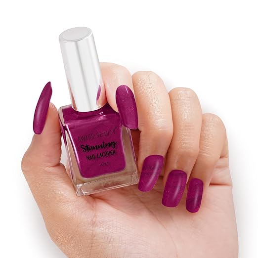 Swiss Beauty Stunning Nail Lacquer | Glossy Finish Chip Resistant, Quick drying nail paint | Highly Pigmented with high shine Nail polish | Shade - Glitter Plum, 10 ML