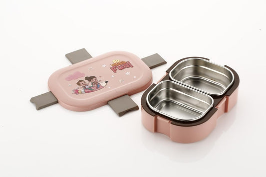 Stainless Steel Tiffin Lunch Box with 4 Side Clip Lock Lid, 2 Compartment Leakproof Food Grade Steel Container for Office, Kids School and Travel (Pink)