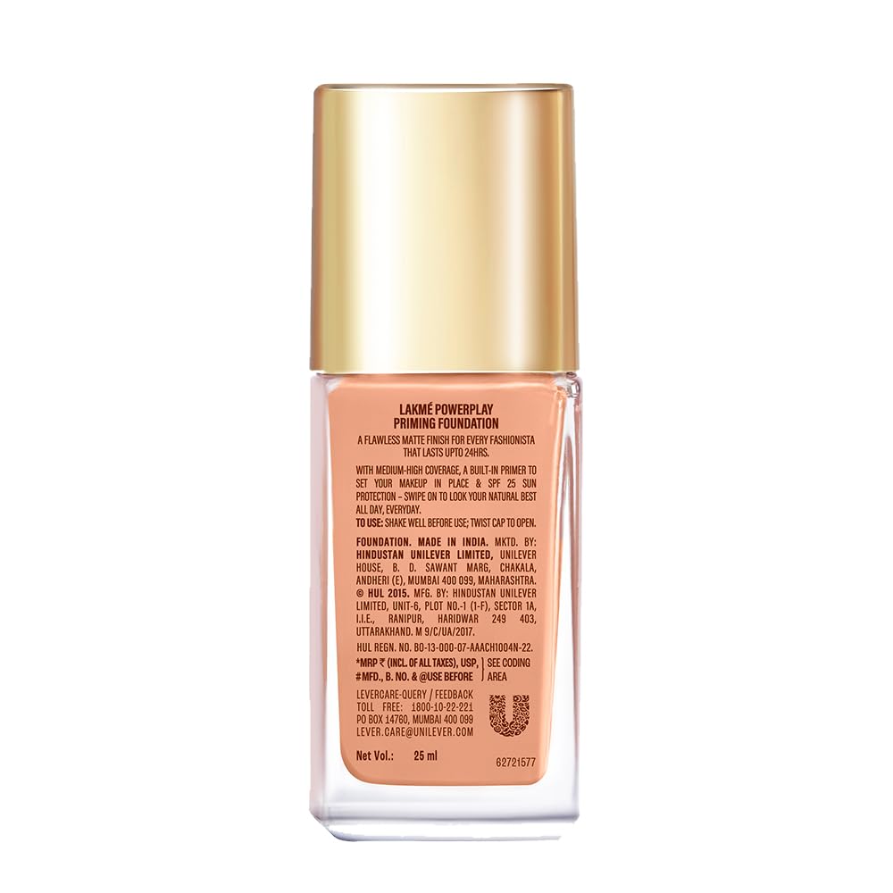 LAKMÉ Powerplay Priming Liquid Foundation, Natural, Flawless Finish, Medium To Full Coverage, Built in Primer, Long Lasting, SPF 20, Cool ivory, 25ml