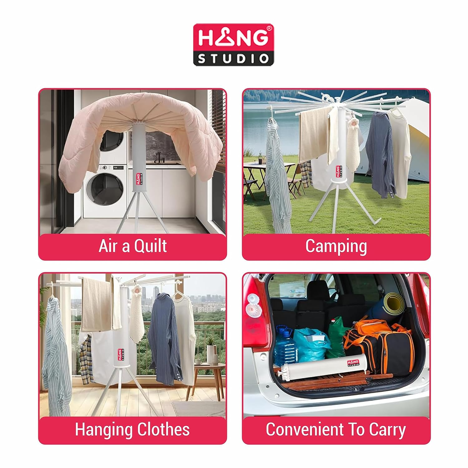 HANG STUDIO Foldable Clothes Dryer Stand Racks for Drying - Multi Way Folding & Rotatable - Lightweight Heavy Duty Aluminium Rails - (White, 3.9 Feet Length, 16 Rods, Large)