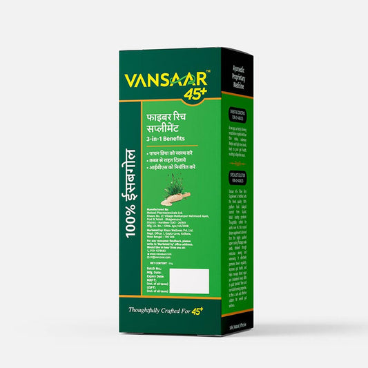 Vansaar 45+ Isabgol Fiber Rich Supplement | 100% Natural Psyllium Husk | Effective Relief from Constipation & Bloating | Promotes Digestive Health & Bowel Regularity – 180g