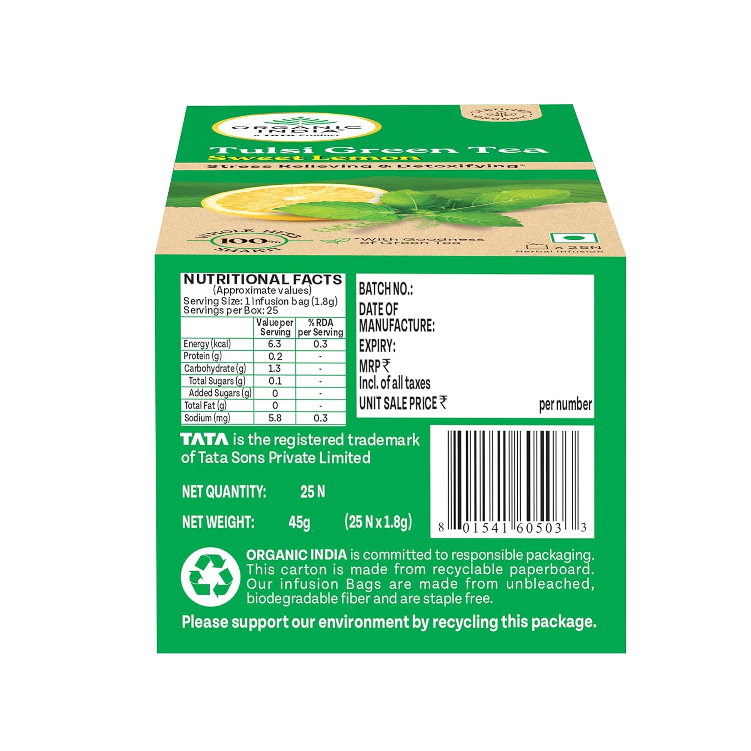 Organic India Tulsi Sweet Lemon 25 Tea Bags