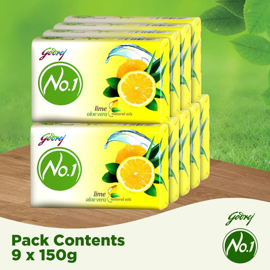 Godrej No.1 Lime & Aloe Vera (150g), Pack of 9 - High TFM (Grade 1 Soap), Long-Lasting Fragrance