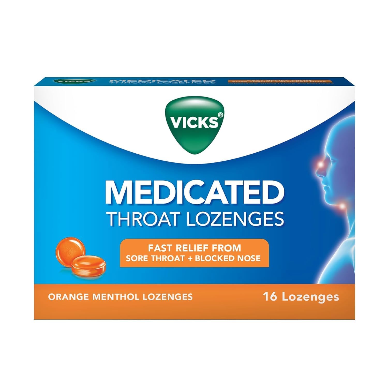 Vicks Medicated Throat Lozenges, 16 Lozenges, Orange Menthol Flavor, Fast Sore Throat & Blocked Nose Relief, Portable and Effective, Essential for On-the-Go Cough and Cold Comfort
